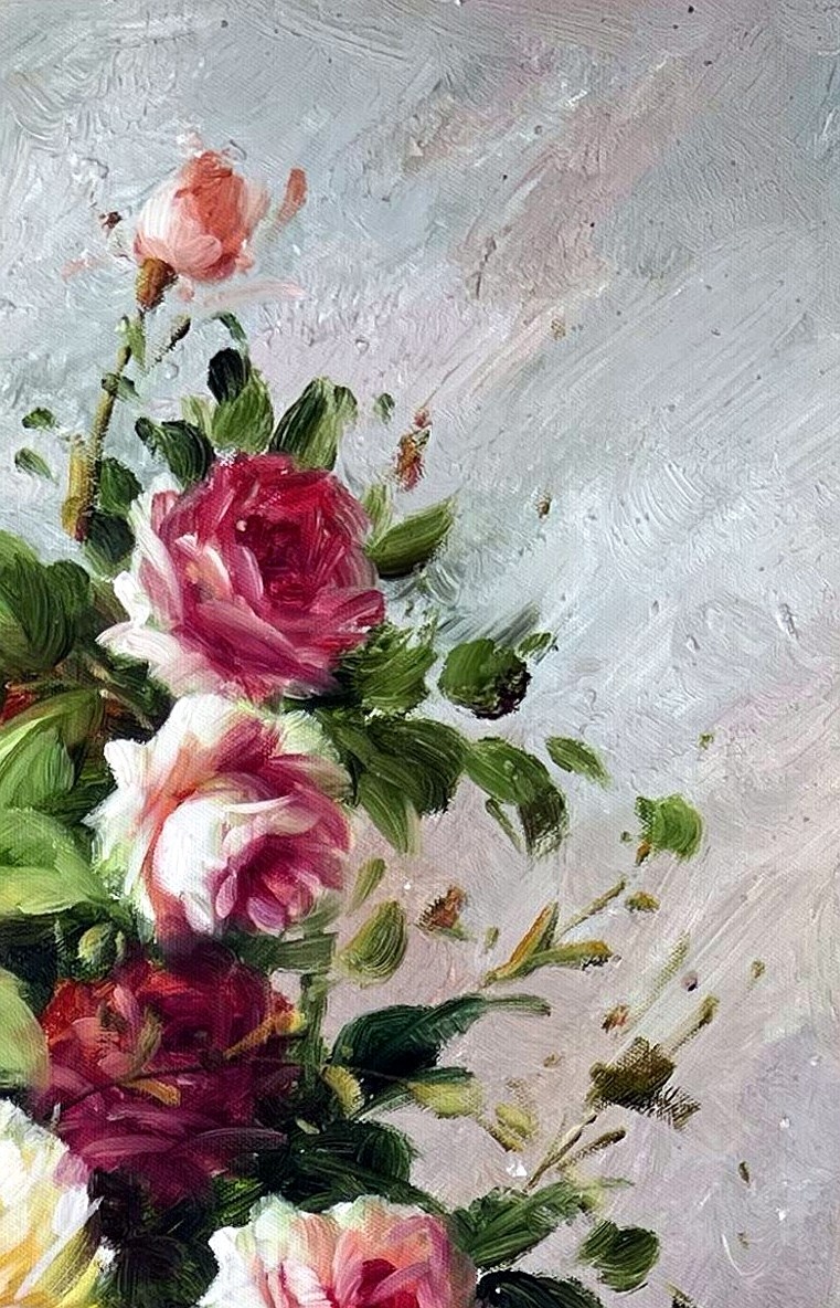 Impressionist Rose Bouquet in Blue Vase - detail