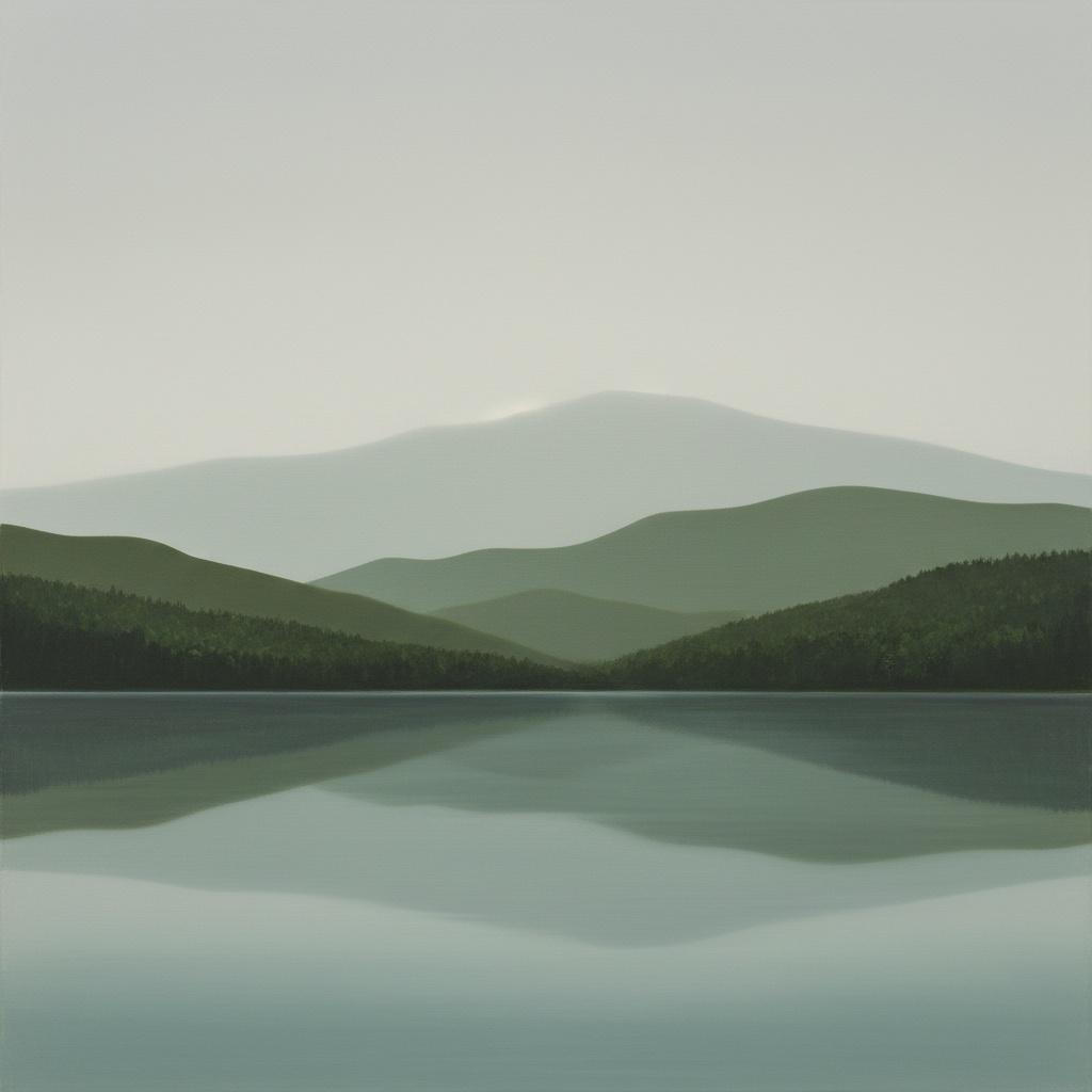 Ethereal Silhouettes In Muted Sage: A Meditative Study Of Infinite Mist And Reflection — Laurent Roche