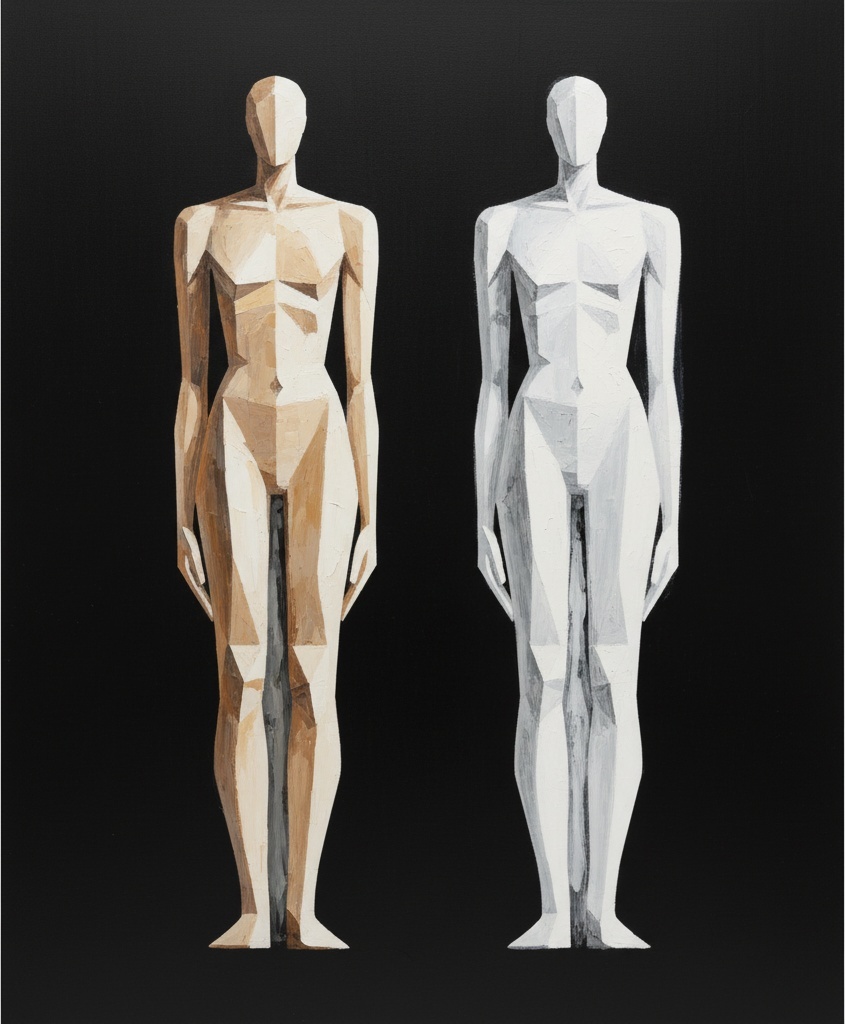 Duality Of Being: A Monumental Study In Ochre And Silvered Geometric Form — Laurent Fabre