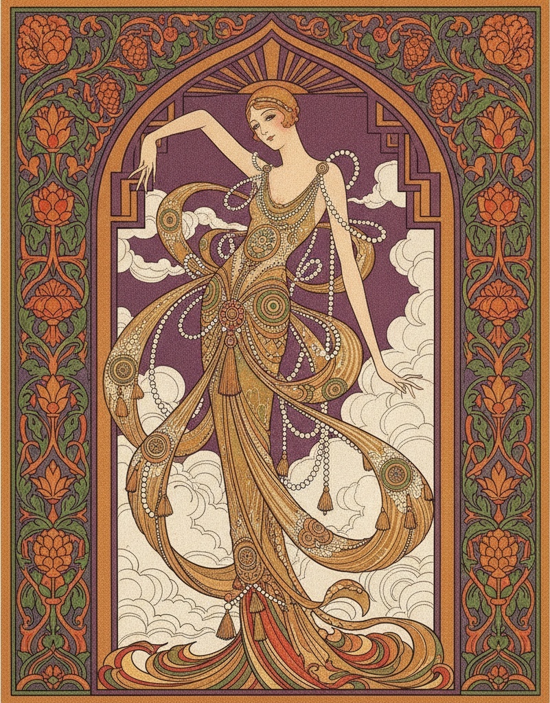 Gilded Figure Amidst Plum Florals And Ornate Arching Ribbons — Valentin Laurent De Courcey