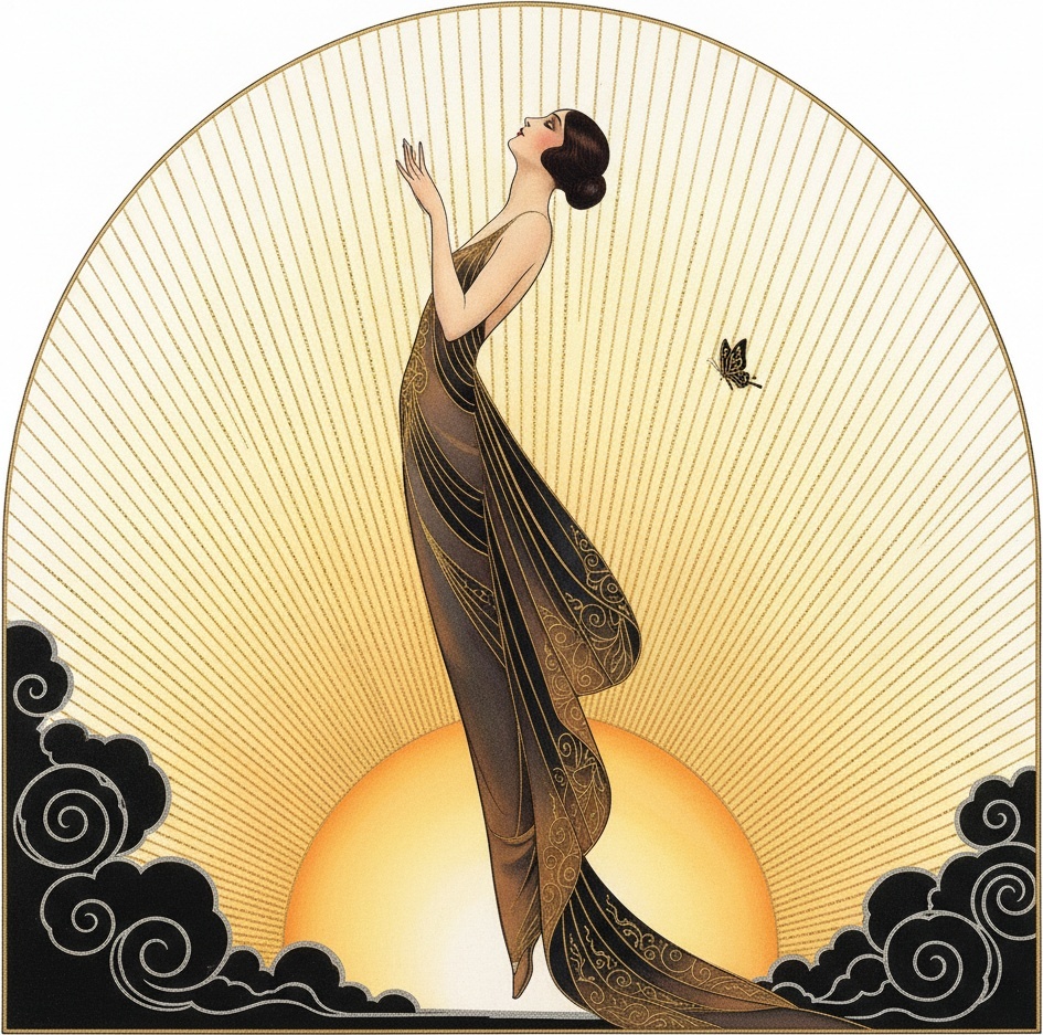 Golden Sunburst Radiating Through A Silhouetted Figure In Gold Filigree — Valentin Laurent De Courcey