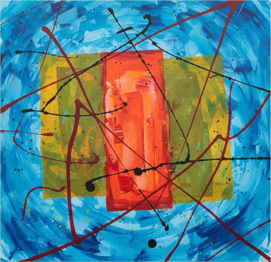Celestial Vortex With Crimson Core And Spontaneous Ink Gestures In Cerulean — Christian Noiret