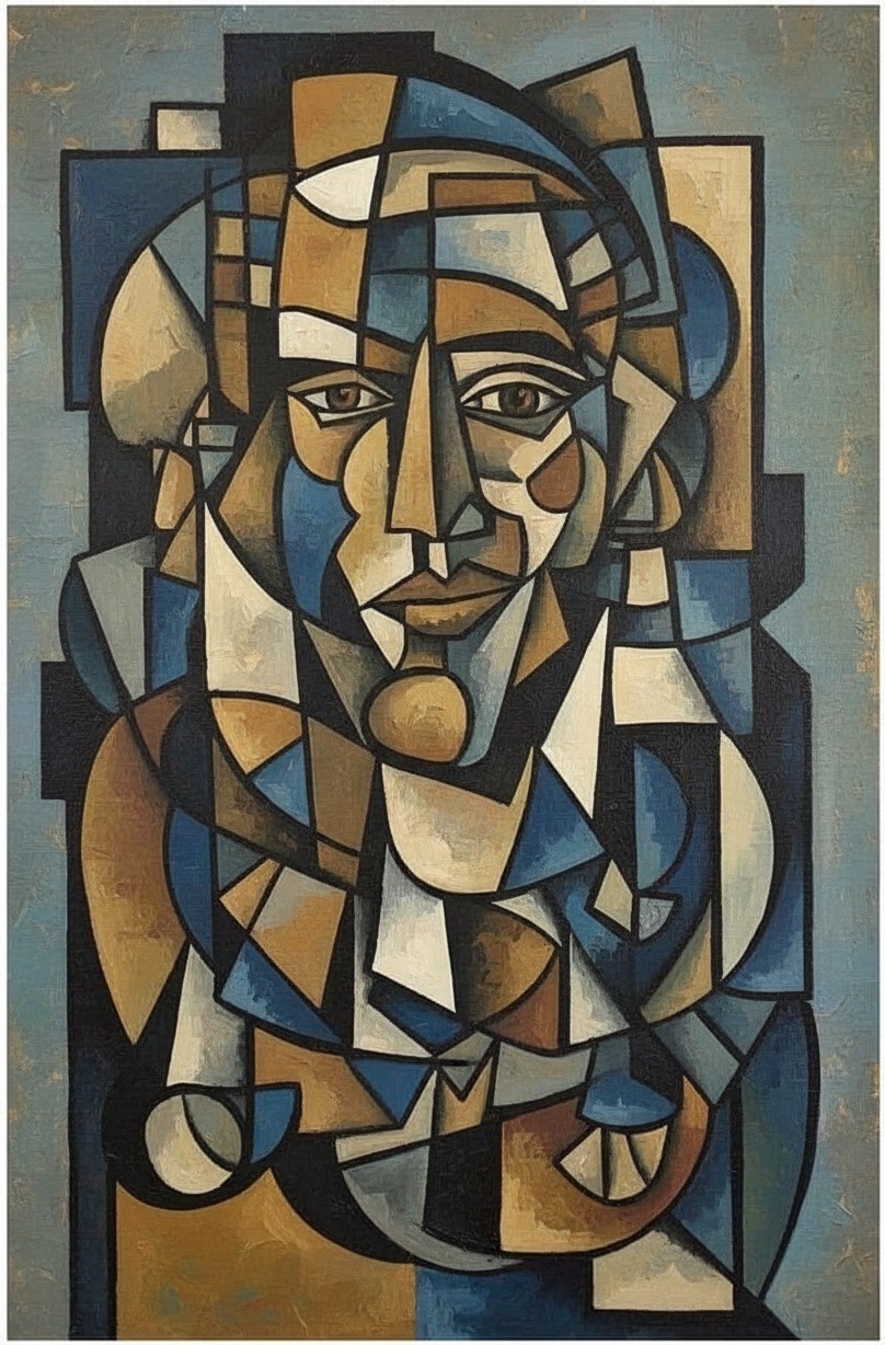 Fragmented Essence: An Analytical Study In Ochre And Navy — Jacques Villedieu