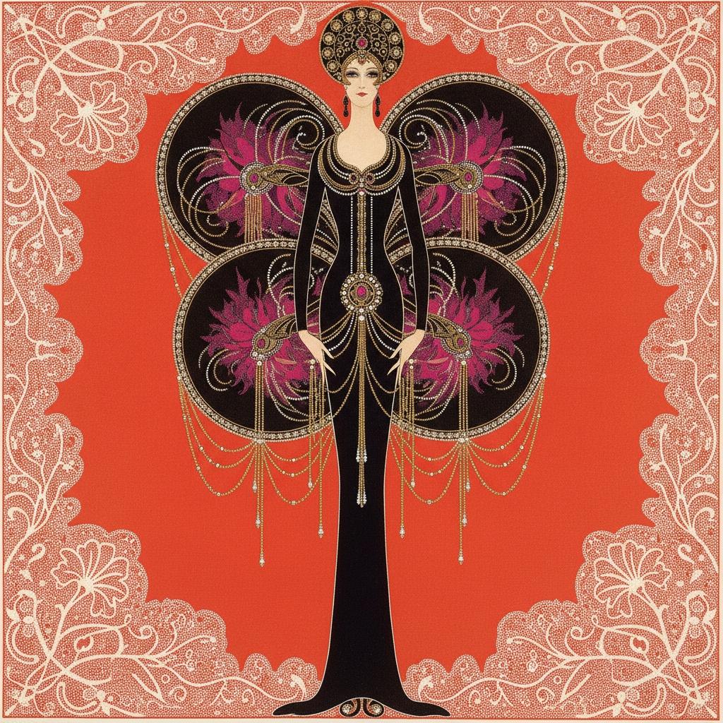 Gilded Silhouette Amidst Vermilion Lace And Ornate Gold Discs — Valentin Laurent De Courcey