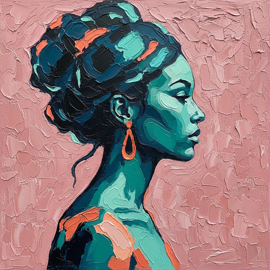 Ethereal Profile In Sculptural Impasto: A Serene Study Of Teal And Coral — Christian Noiret