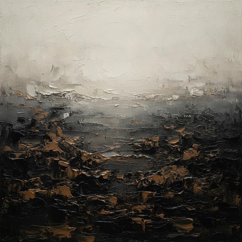 Fragmented Charcoal Masses Under A Pale Horizon — Laurent Fabre