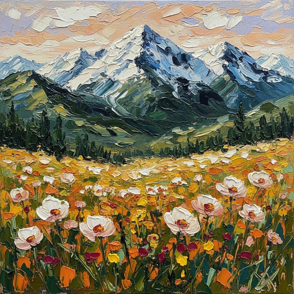 Ethereal Alpine Bloom: A Sculptural Study Of Mountain Peaks And Wildflower Radiance — Christian Noiret