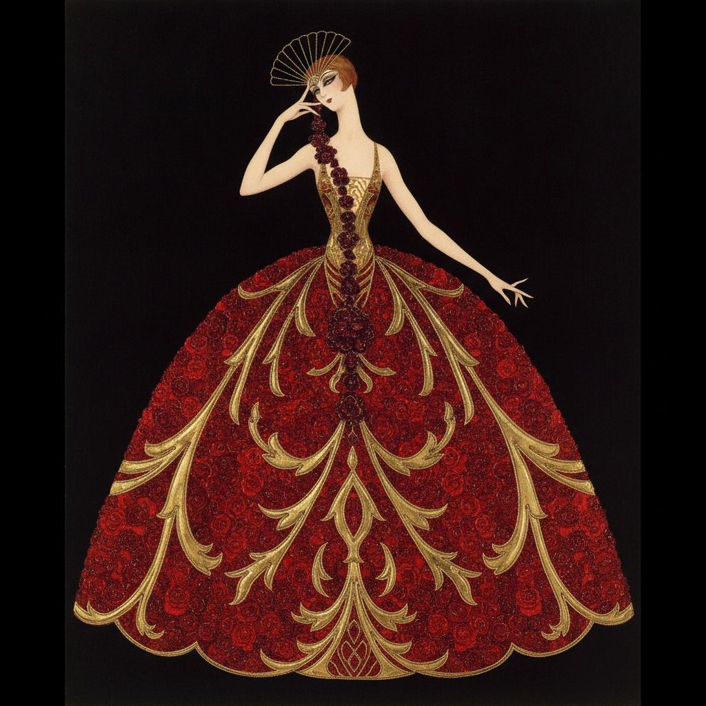 Crimson Rose Volutes And Gilded Filigree In Obsidian Void — Valentin Laurent De Courcey