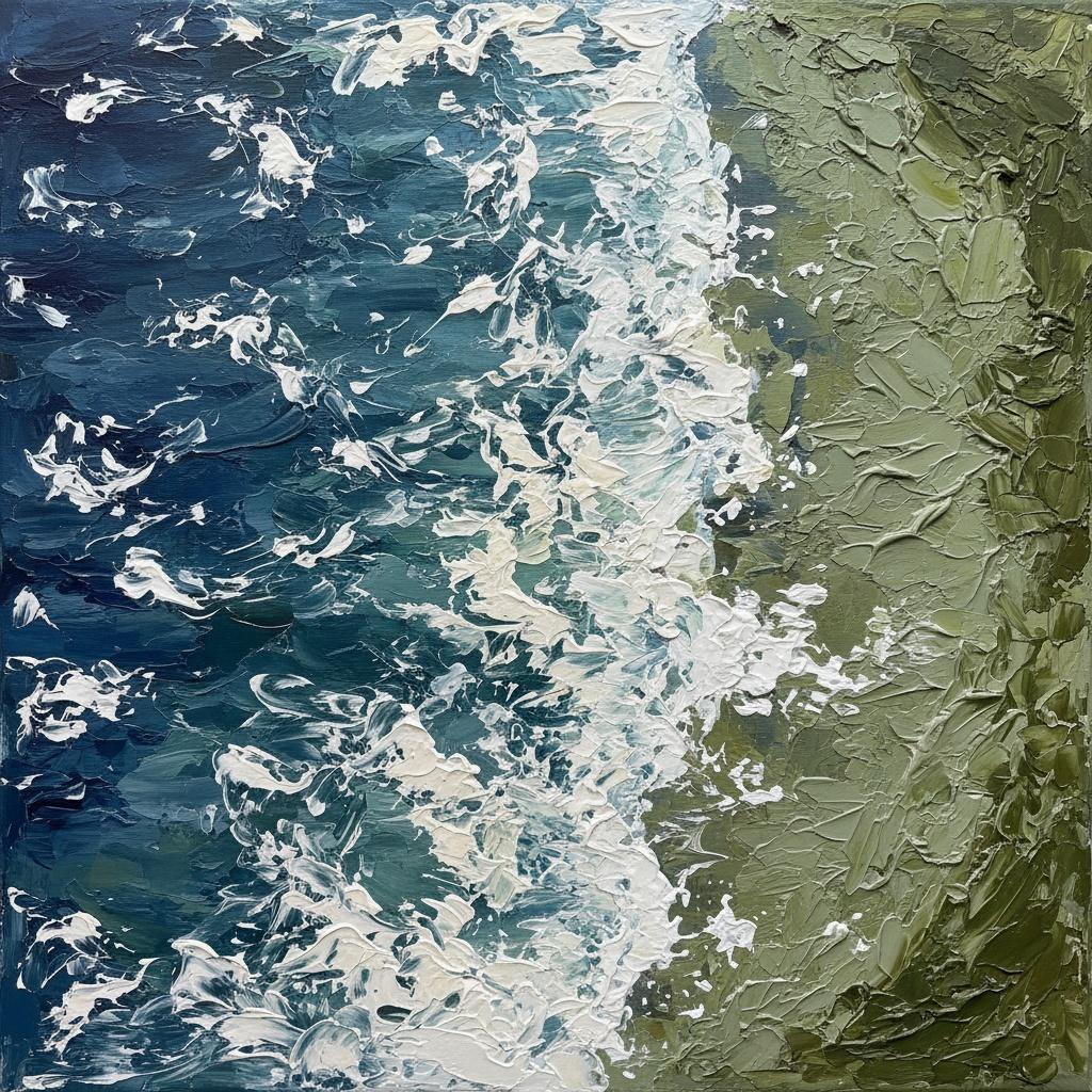 Turbulent Convergence Of Deep Navy Tides And Sculptural Earthbound Mossy Shores — David Moreau