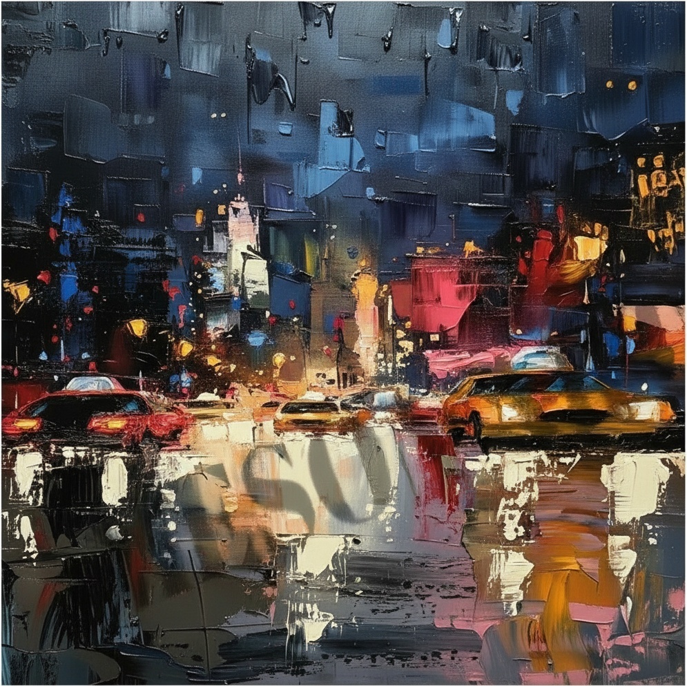Midnight Reflections In Crimson And Gold: A Singular Nocturnal Urban Impression — Christian Noiret