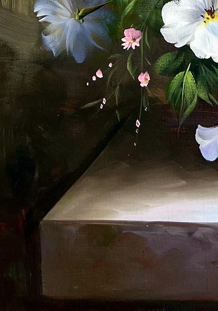Impressionist White Blossoms in Blue Porcelain Vase - detail