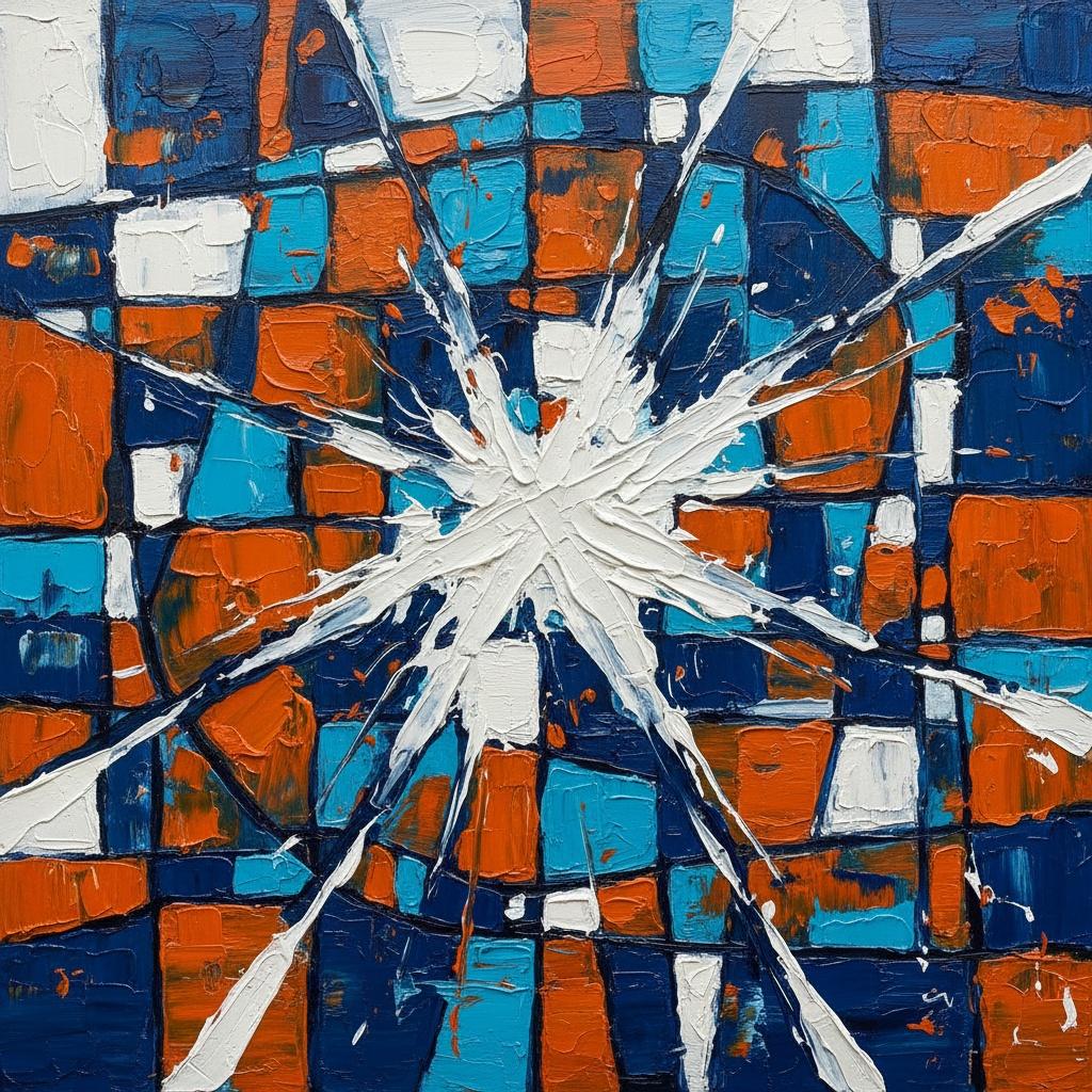 Fragmented Radiance: A Monumental Burst Of White Over Geometric Cobalt Chaos — Christian Noiret