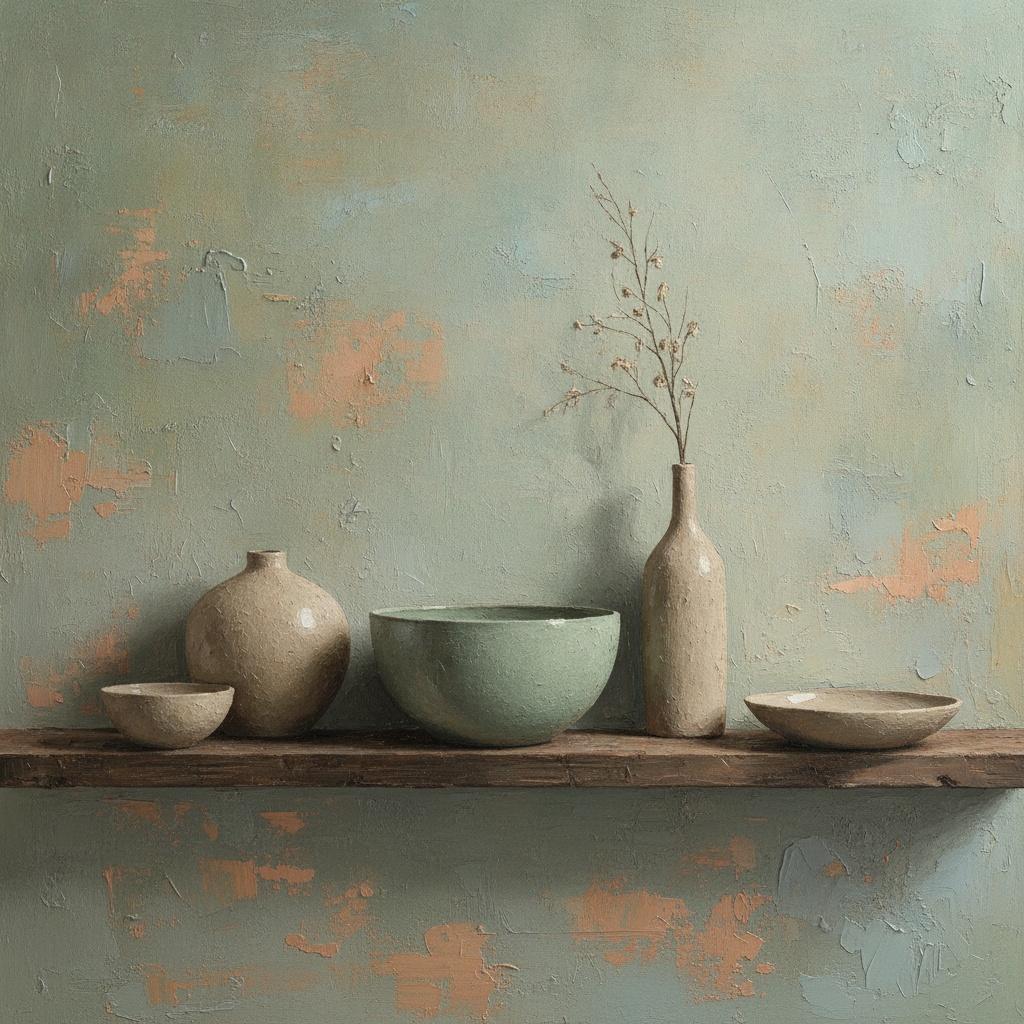 Ceramic Forms In Sage And Ochre On Weathered Wood — Laurent Roche