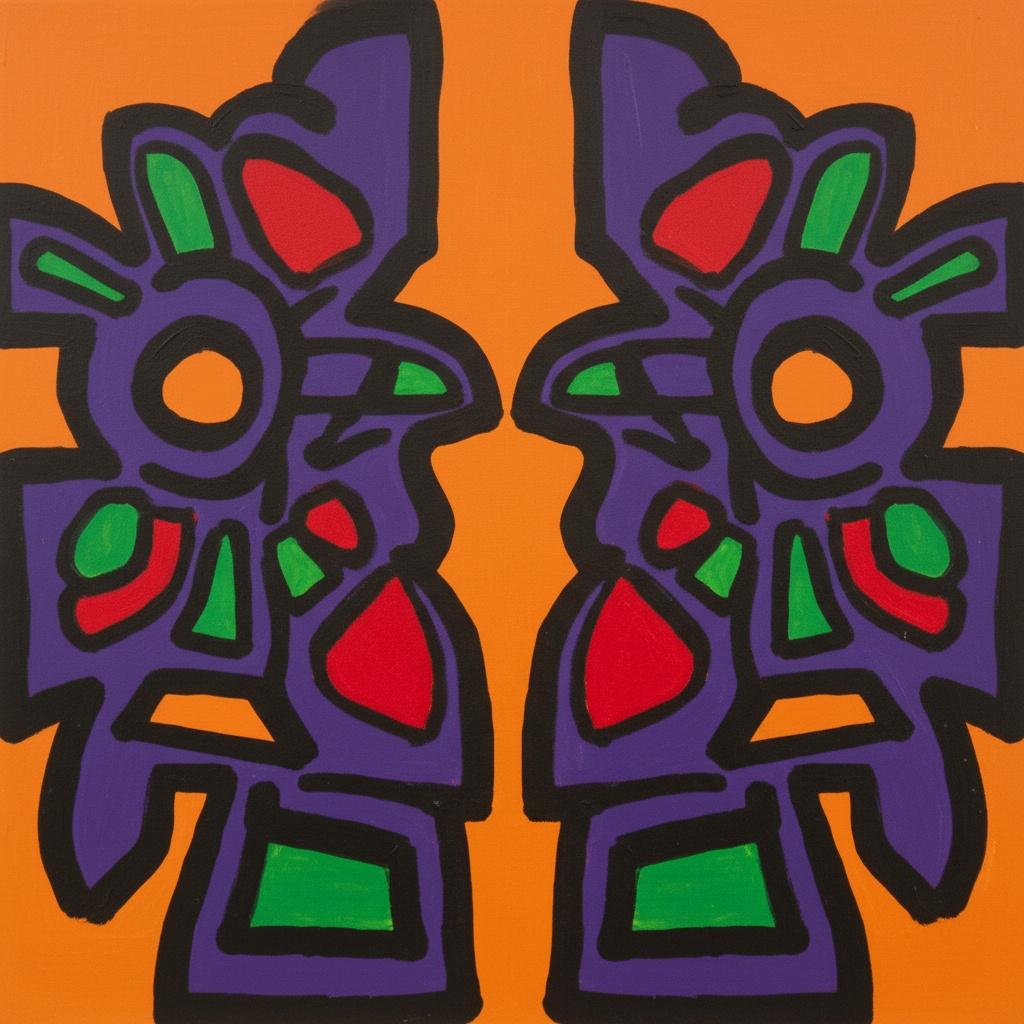 Symmetrical Echoes In Vibrant Ochre And Deep Amethyst Organic Forms — Caroline Pelletier