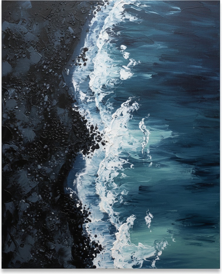 Monolithic Shadows And The Turbulent Surge Of A Primordial Midnight Coastline — David Moreau