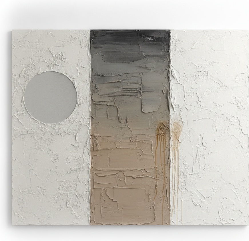 Charcoal Monolith Amidst Textured White Planes And Ochre Traces — David Moreau