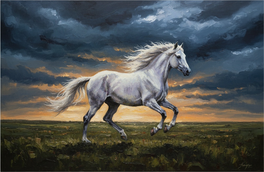 Ethereal Gallop Amidst The Indigo Twilight And Golden Horizon Monolith — Christian Noiret