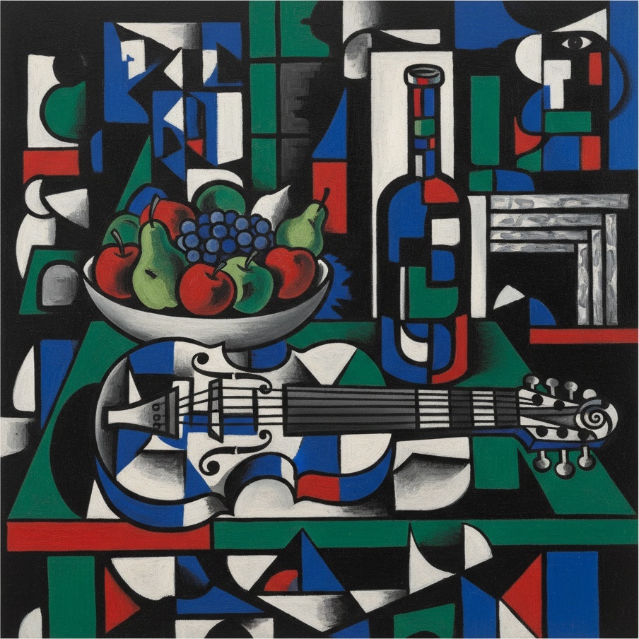 Fragmented Symphony In Cobalt And Crimson: A Singular Cubist Vision — Marc Duvallier