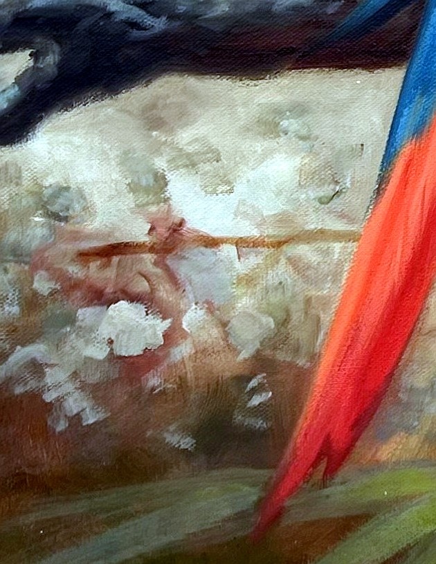 Impressionistic Tropical Macaws on Branch - detail