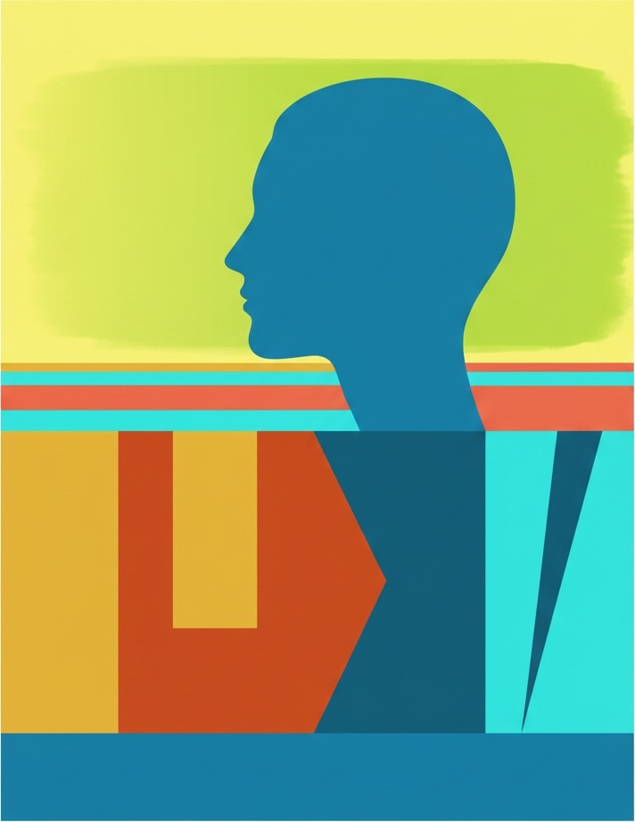Monolithic Profile Against Stratified Planes Of Cyan And Ochre Dreams — Laurent Fabre