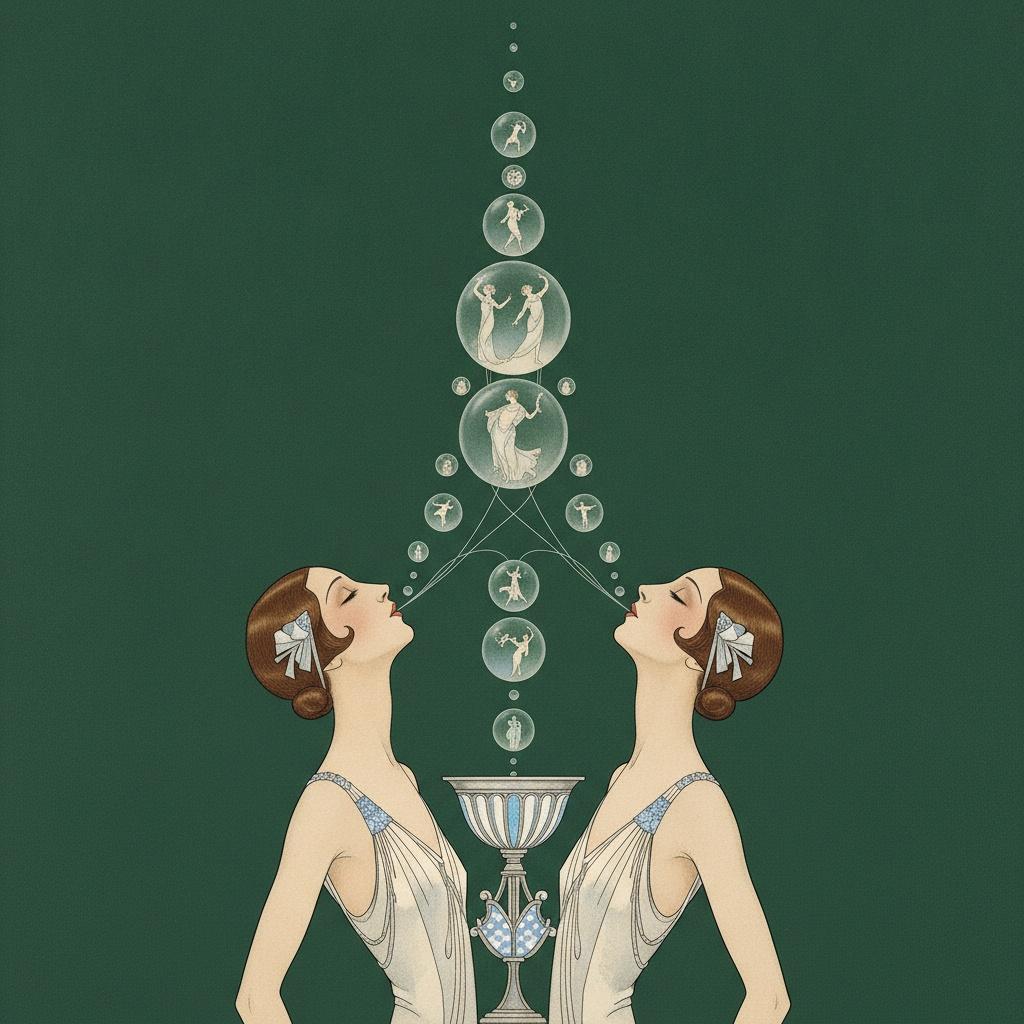 Ascending Orbs And Mirrored Figures In Forest Green — Valentin Laurent De Courcey