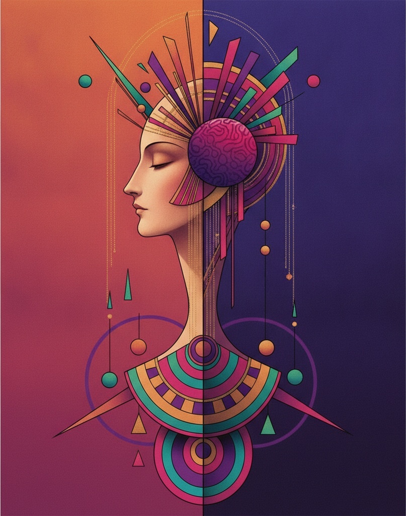 Fractured Halo Over A Bisected Profile In Indigo And Gold — Valentin Laurent De Courcey
