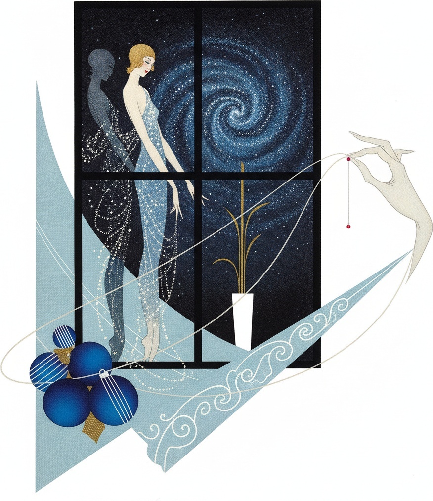 Celestial Hand Guiding The Crimson Thread Through A Midnight Spiral — Valentin Laurent De Courcey