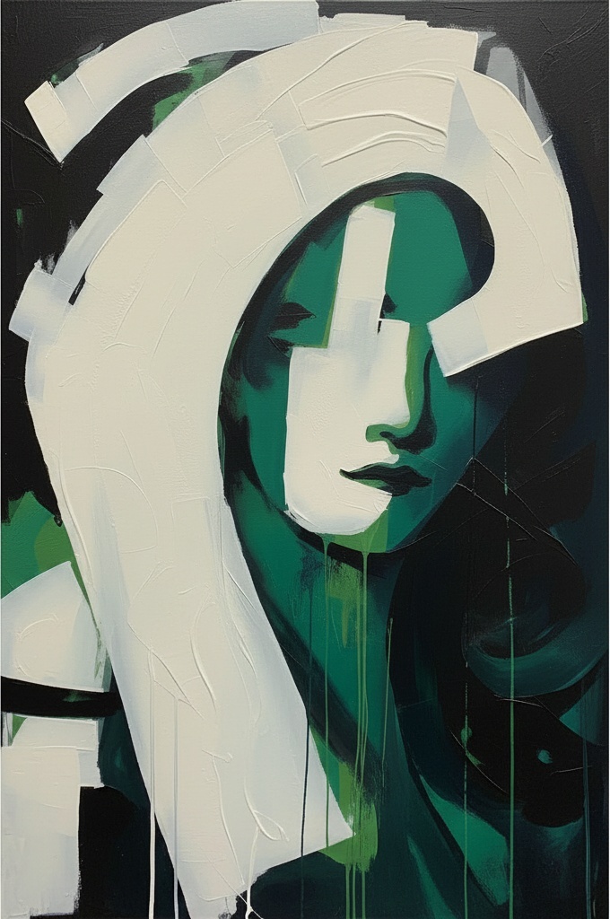 Fragmented Echoes In Emerald And Shadow: A Monumental Study Of Melancholic Grace — Laurent Fabre