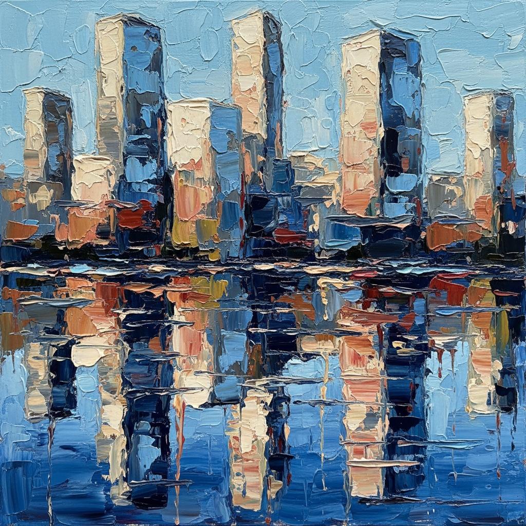 Cerulean Reflections: A Singular Impasto Study Of Urban Serenity And Fragmented Light — Christian Noiret