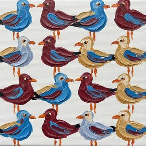 Rhythmic Flight In Burgundy And Cerulean: A Monumental Impasto Grid Of Avian Grace — Julien Vasseur