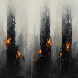 Eroded Monoliths Of Charcoal And Embers In A Singular Moment Of Decay — Christian Noiret, Contemporary Abstract