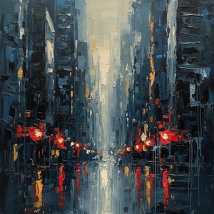 Monolithic Midnight: A Fragmented Urban Canyon In Gold And Crimson Impasto — Christian Noiret