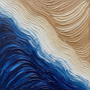 Ethereal Tides Of Sculpted Sand And Deep Cerulean Impasto Waves — David Moreau, Contemporary Abstract