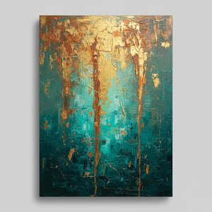 Cascading Gilded Light Descending Through Veils Of Deep Oceanic Teal — Christian Noiret, Contemporary Abstract
