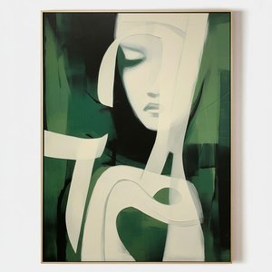 Ethereal Silhouettes In Forest Green And Ivory: A Singular Meditative Masterpiece — Laurent Fabre, Neo-abstract Art
