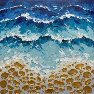 Golden Shoreline Echoes: A Monumental Impasto Study Of Rhythmic Cerulean Tides — David Moreau, Plaster & Texture Art