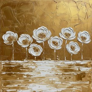 Gilded Solitude: A Monumental Study Of Sculptural Gold And Ethereal White Blooms — David Moreau, Plaster & Texture