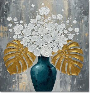Gilded Botanical Radiance: A Monumental Study In Teal, Gold, And Sculptural White — Christian Noiret, Contemporary Abstract