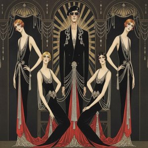 Gilded Figures Beneath A Crimson And Obsidian Sunburst — Valentin Laurent De Courcey, Art Deco