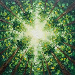 Ethereal Radiance: A Meditative Radial Ascent Through The Verdant Forest Canopy — Laurent Fontaine, Organic Modern Art