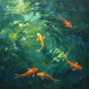 Celestial Swirl Of Vermilion Koi Amidst Deep Emerald Impasto Ripples — Christian Noiret