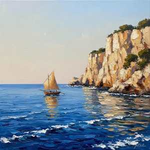 Monolithic Ochre Cliffs Over A Serene Blue Sea With Solitary Vessel — Christian Noiret, Contemporary Abstract