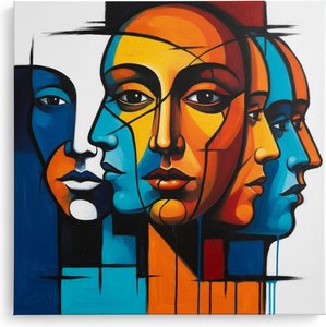 Triptych Echoes: Interlocking Planes Of Cyan, Orange, And Monumental Gaze — Christian Noiret, Contemporary Abstract Painting