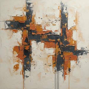 Fragmented Monolith: A Heavy Impasto Study In Charcoal And Burnt Orange Decay — David Moreau, Contemporary Abstract