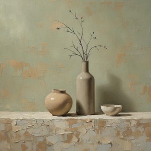 Sage And Ochre Vessels Upon A Weathered Ledge — Laurent Roche