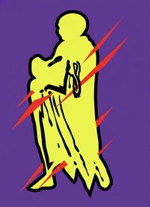Fragmented Silhouette In Crimson Shards Amidst A Vibrant Purple Void — Caroline Pelletier