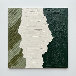 Monolithic Earth Triptych: A Meditative Study In Forest Green And Sedimentary Texture — David Moreau, Plaster & Texture Art