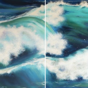 Eternal Surge: A Monumental Diptych of Deep Indigo and Luminous Sea Foam