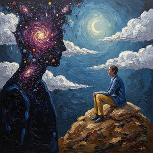 Celestial Resonance: A Solitary Figure Amidst The Swirling Majesty Of An Eternal Silhouette — Laurent Baudry, Surrealist Art