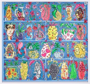 Cerulean Mosaic of Vibrant Icons and Curvilinear Forms in a Singular Masterpiece